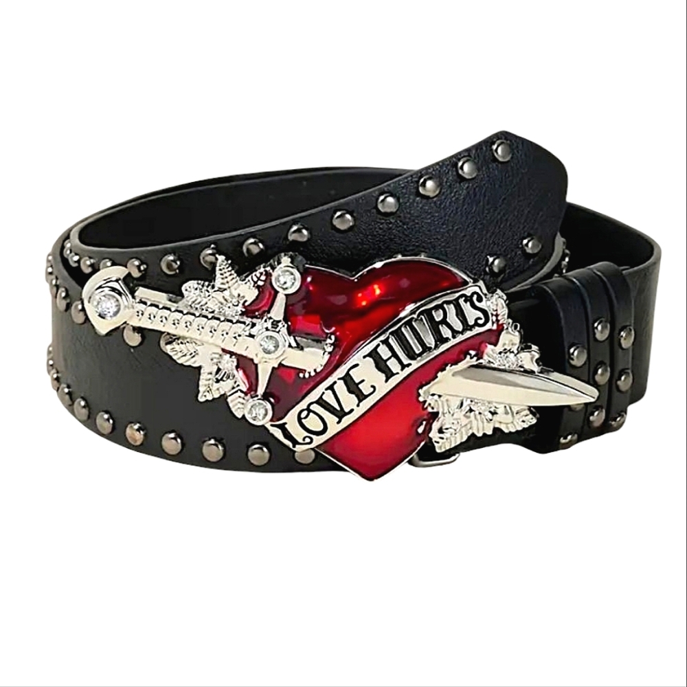 New Unisex "Love Hurts" Black PU Leather Belt w/Silver Studs|Punk Goth Moto Rock
